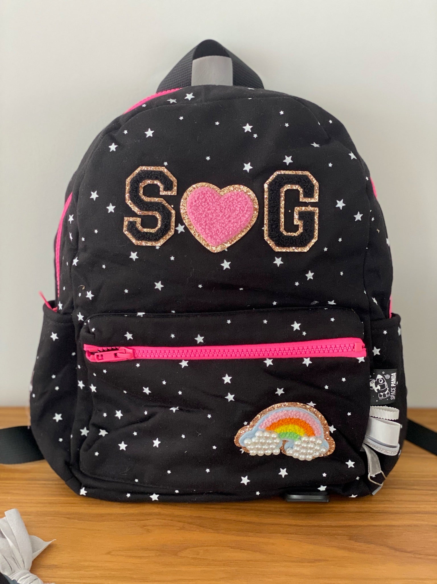 Black With White Stars pink zipper Backpack