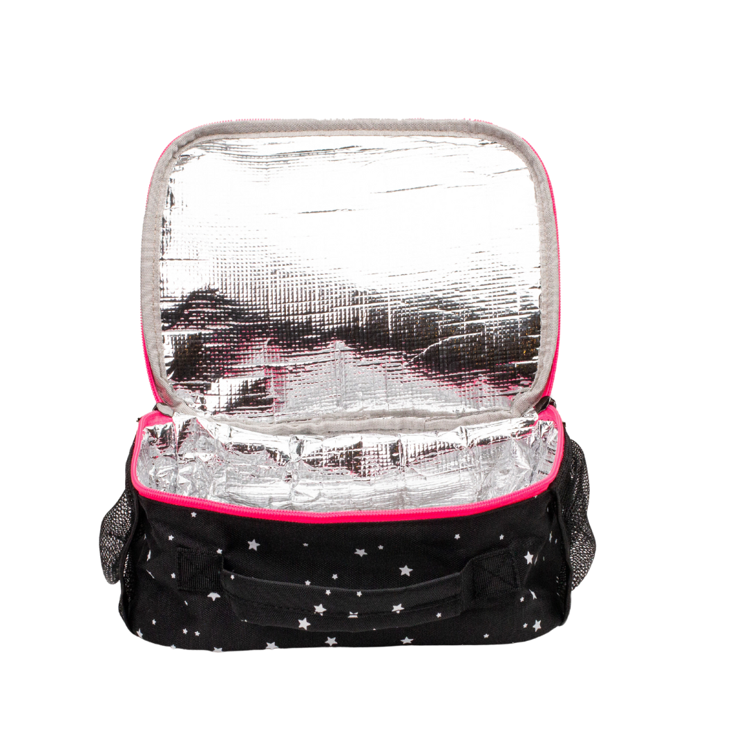 Black With White Stars pink zipper Lunchbox